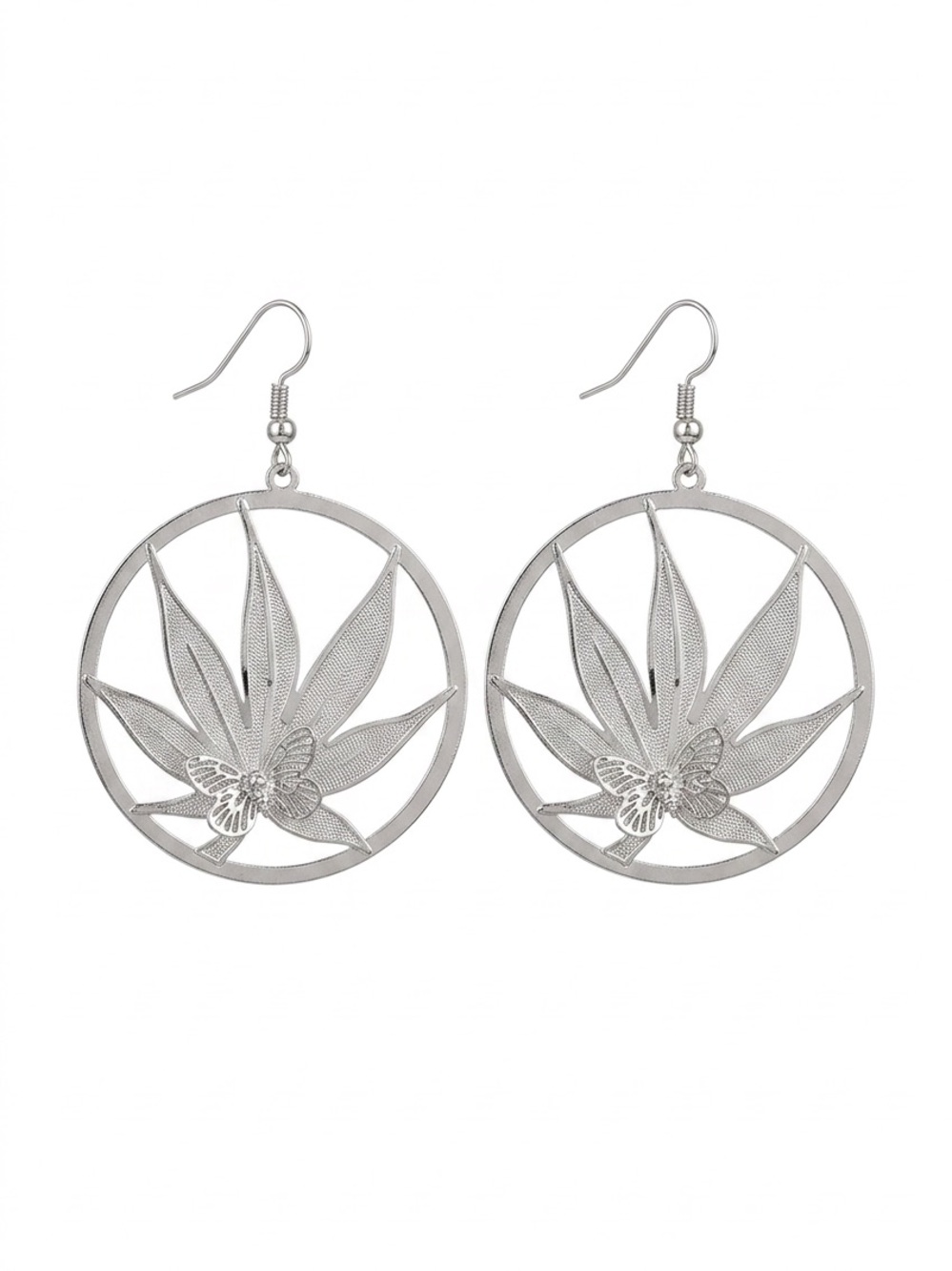 Silver Filigree Leaf and Butterfly Drop Earrings